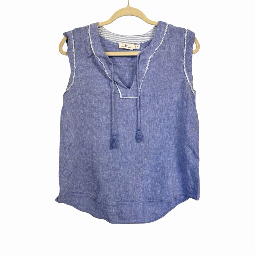 Vineyard Vines Women Sz M Blue 100% Linen Notch Neck Popover Blouse Sleeveless